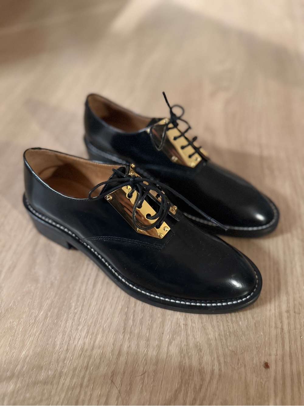 Sandro Black Leather Flats with Gold-Tone Hardware